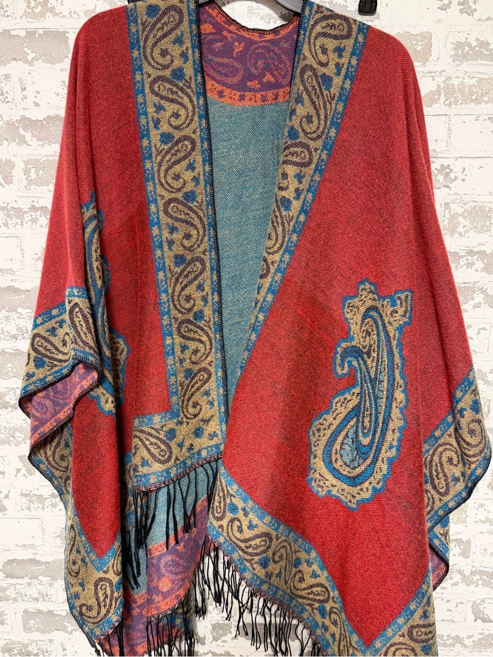 Boho Red Paisley Fringe Poncho Wrap - Stylish Layering Shrug